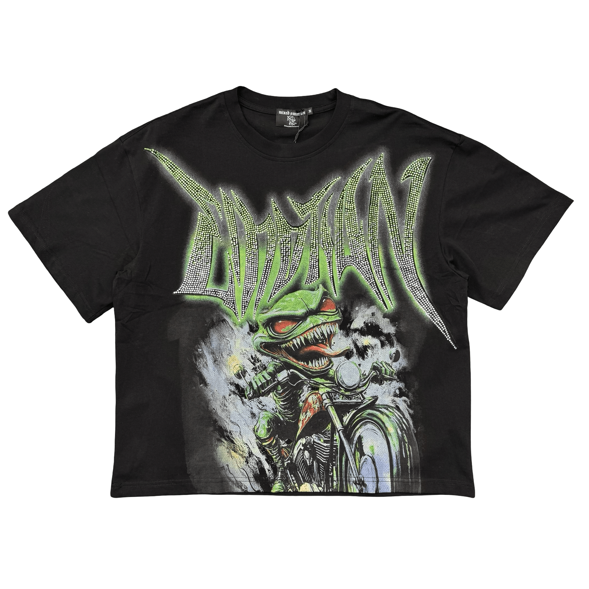 Mixed Emotion Goblin Rhinestone T-Shirt Black Green