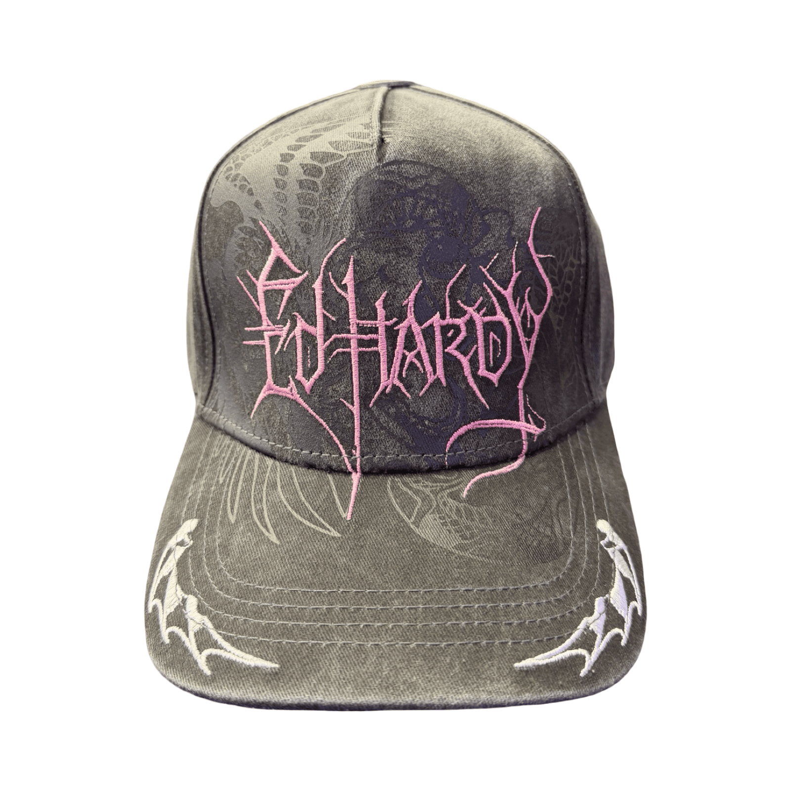 Ed Hardy Pink Embroidered Trucker Hat Washed Grey