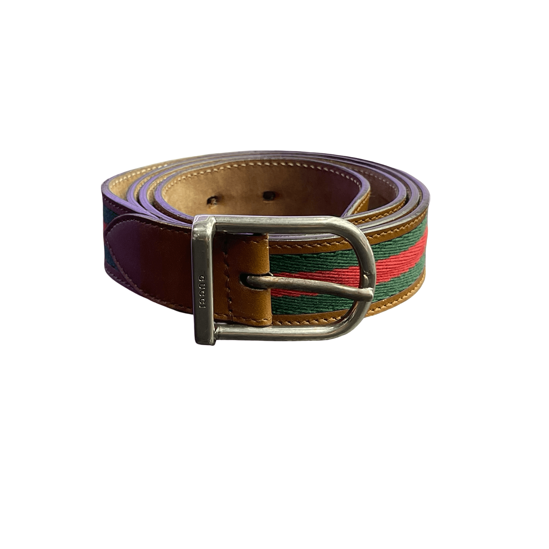 Gucci Nylon Web Leather Belt With Rounded Belt