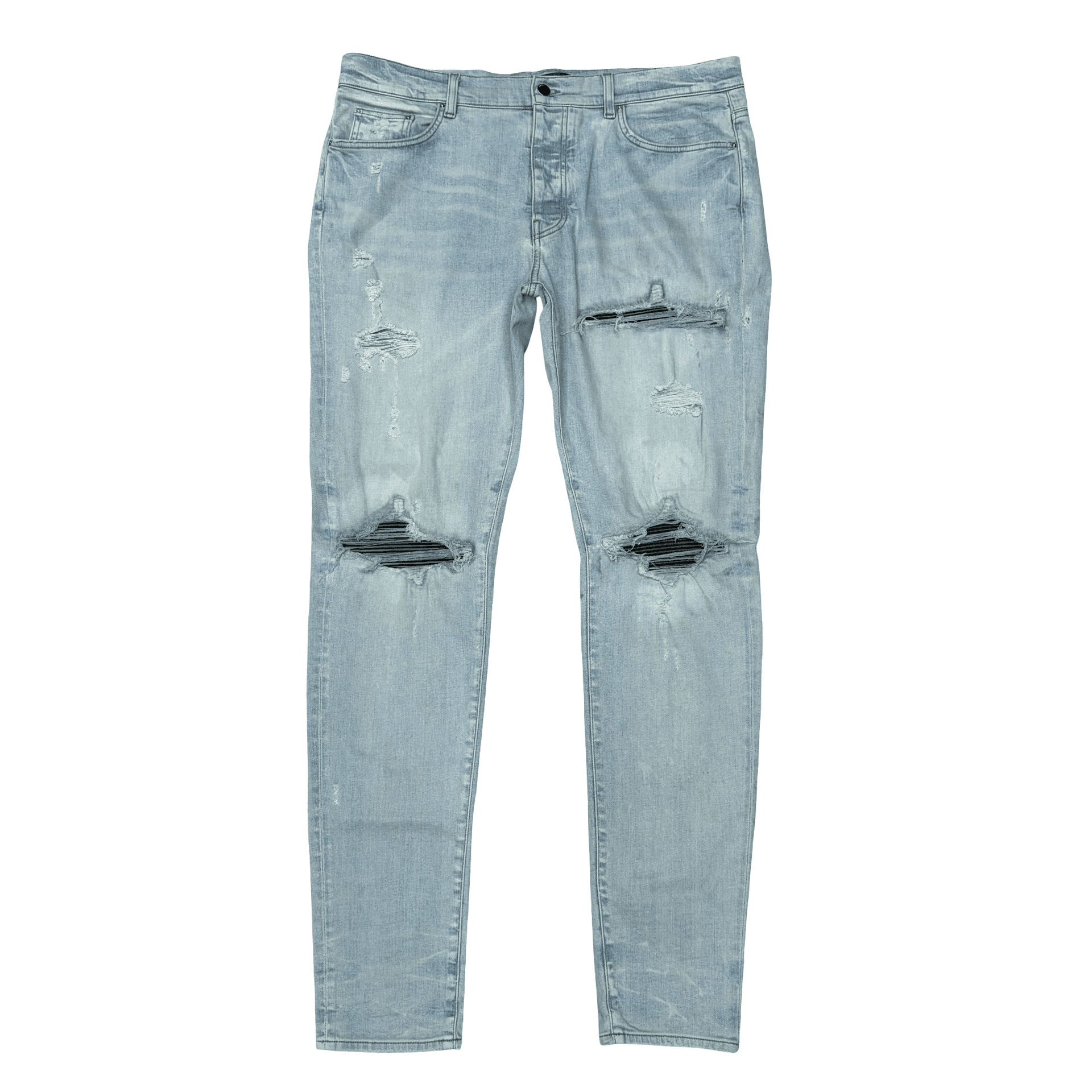 Amiri MX1 Black Leather Patch Light Indigo Jeans