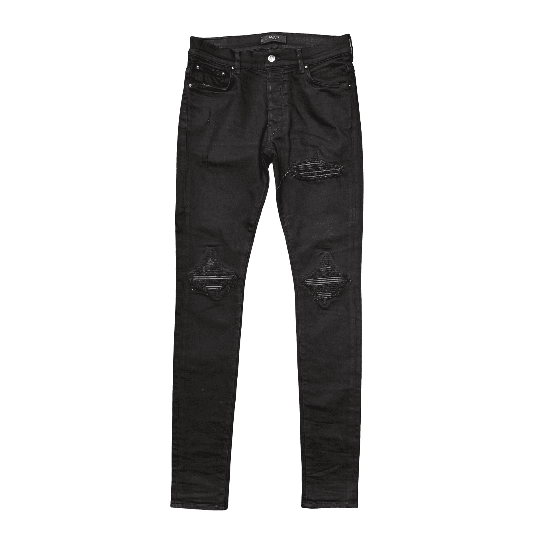 Amiri MX1 Distressed Leather Patch Jeans Black — photo 1 of 2