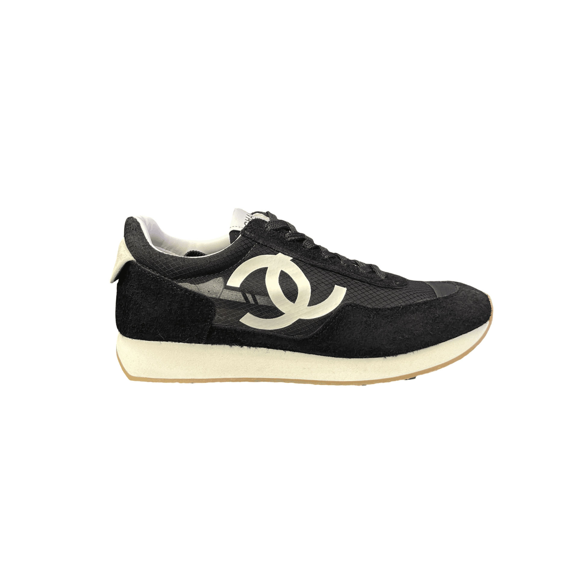 Chanel Mesh Suede CC Logo Sneakers Black White