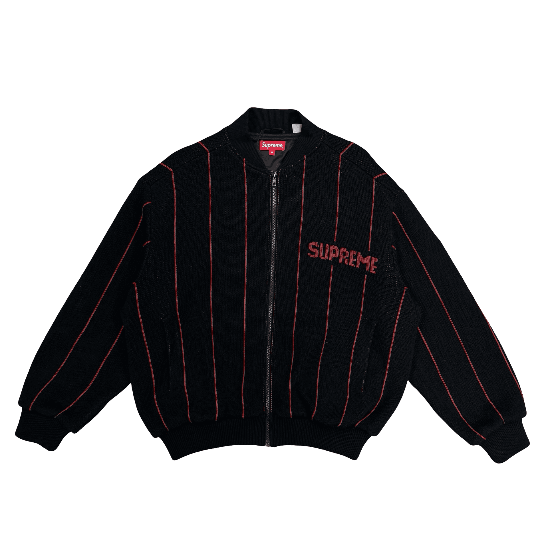 Supreme Pinstripe Varsity Zip Up Sweater Black Red — photo 1 of 2